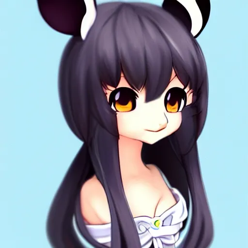 Image similar to headshot of young maple story female mouse, maple story, cute, fantasy, intricate, long hair, dark grey skin, mouse face, maplestory mouse, dark skin, mouse head, mouse ears, black hair, elegant, cartoony, maplestory Deviantart, maplestory character, character art of maple story, smooth, sharp focus, illustration, art by maplestory