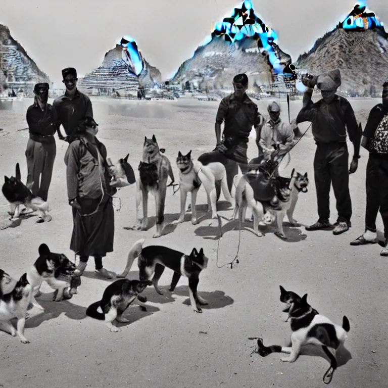 Image similar to black and white photo of explorers finding egypt's famous shiba inu temple