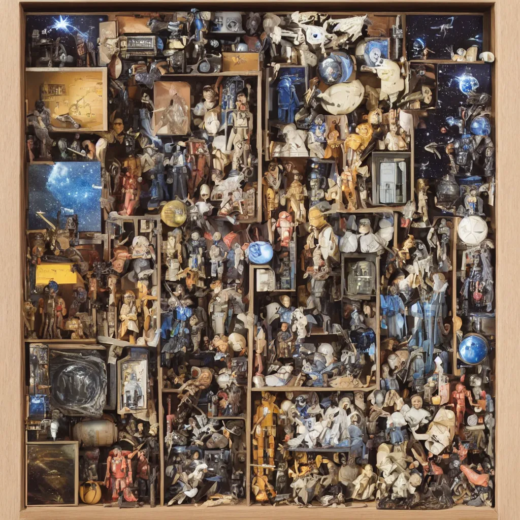 Image similar to a well - lit, detailed museum archive rich color photograph of a star wars memory box by joseph cornell, containing one action figure, some photographs, a star chart, a hologram, some small drawers, a ticket stub, and a large lightsaber