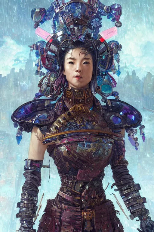 Prompt: portrait of a beautiful cyberpunk samurai woman wearing a warrior armor, fantasy, regal, fractal crystal, fractal gems, by stanley artgerm lau, greg rutkowski, thomas kindkade, alphonse mucha, loish, norman rockwell.