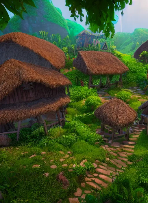 Image similar to subsurface scattering, medieval village in the middle of lush forest, in the style of moana, cinematic lighting, 8 k