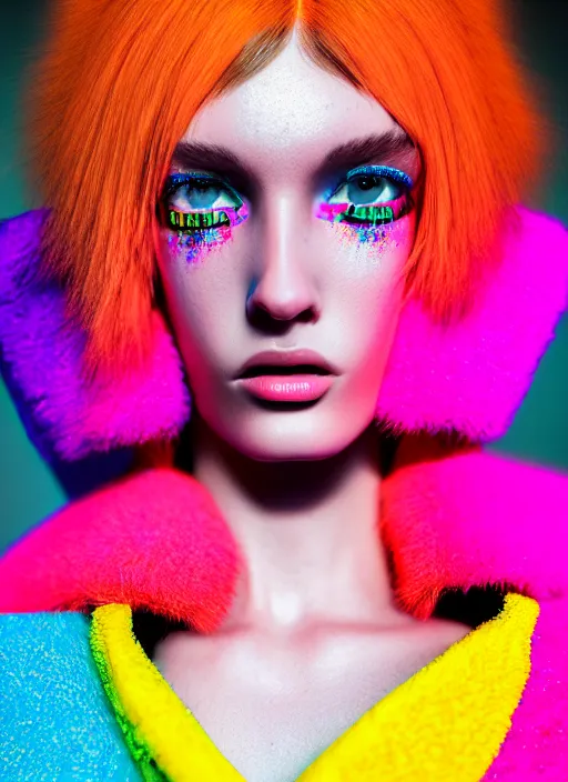 Image similar to stylish coat for a rave, bright colors, many details, prints, photo for a magazine, photo for a store, fashion photography, Vogue, 135 mm, cinematic, hyper realism, high detail, octane render, 8k, chrome accents, very coherent symmetrical artwork, perfect face model, full length photo, Upper and lower body, even skin tone