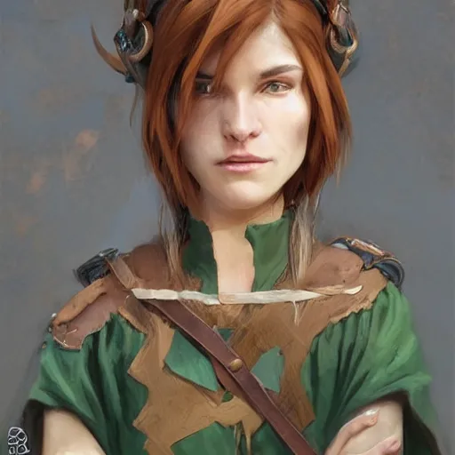 Image similar to a beautiful woman, beauty, high cheek bones, half onesided smile, mischievous, bard, brown hair, messy hairstyle, short hair, cream colored peasant shirt, brown pants, leather boots, dark green cloak, round hood, elf ears, youthful, white background, proportionate, by Greg Rutkowski and Tony Sart, trending on artstation, realistic, highly detailed, masterpiece