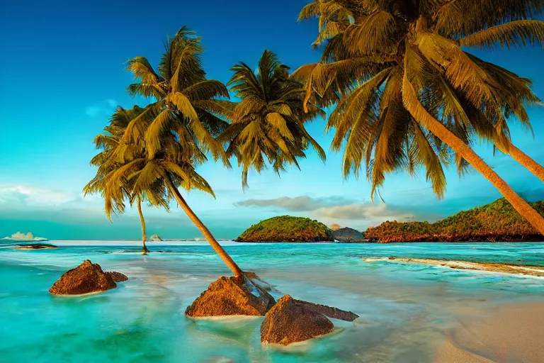 Image similar to amazing landscape photo of beach with coconut trees and turquoise water by marc adamus, beautiful, dramatic lighting