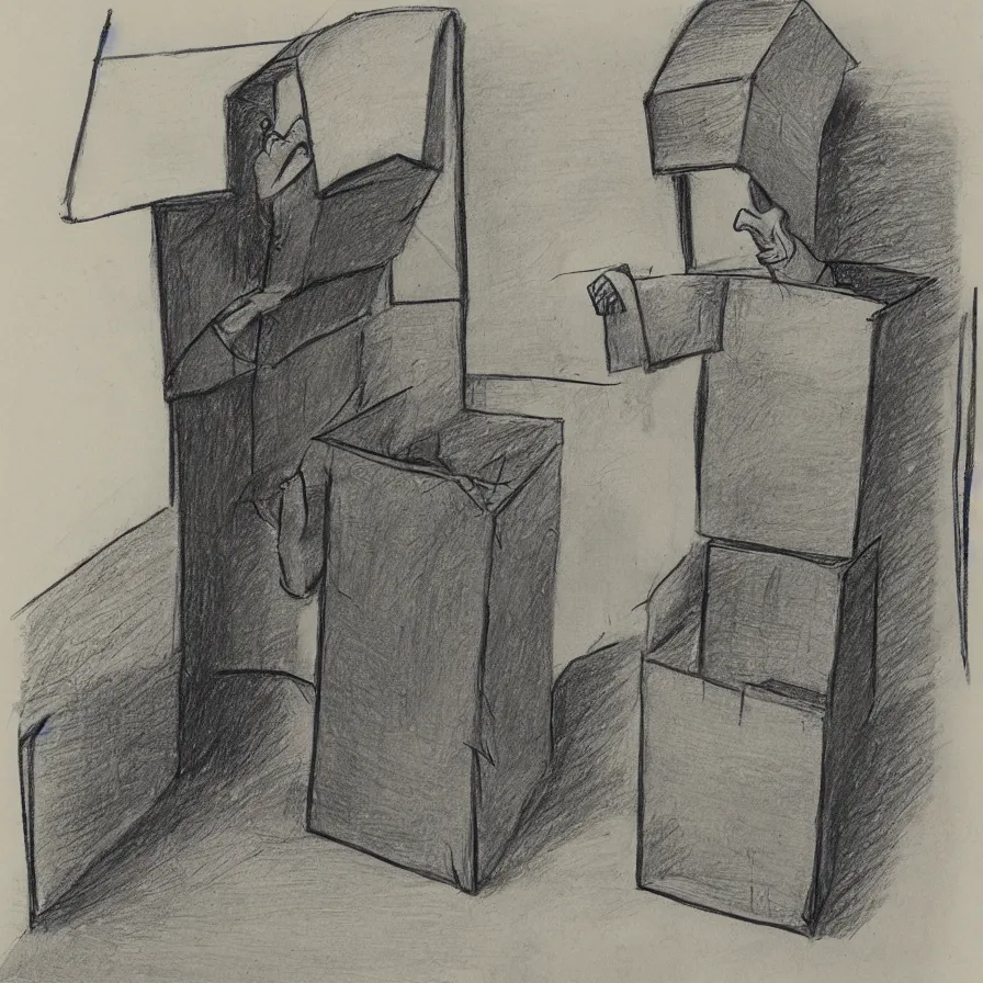 Image similar to a sketch of a long - nosed man in a box poking his head through the top, as by william rotsler