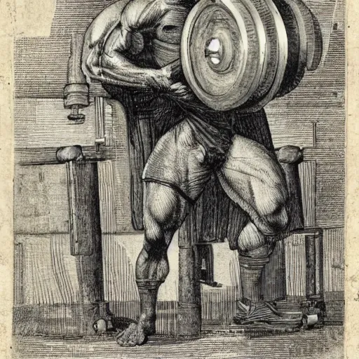 Image similar to a muscular bald man carrying engines on his back, technical diagram