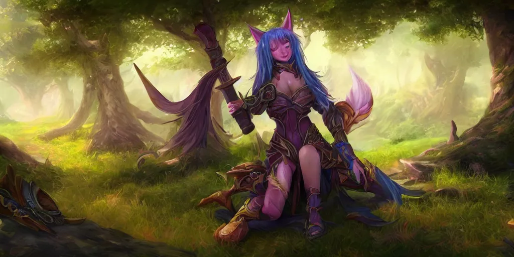 Prompt: fantasy art anthro ahri forest medieval armour bright landscape depth of field hyperrealism 4 k trending award winning