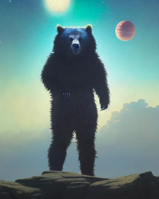 Image similar to highly detailed surreal vfx portrait of a metallic chromatic samurai bear in front of planets filled sky, stephen bliss, unreal engine, greg rutkowski, loish, rhads, beeple, makoto shinkai and lois van baarle, ilya kuvshinov, rossdraws, tom bagshaw, alphonse mucha, global illumination, detailed and intricate environment