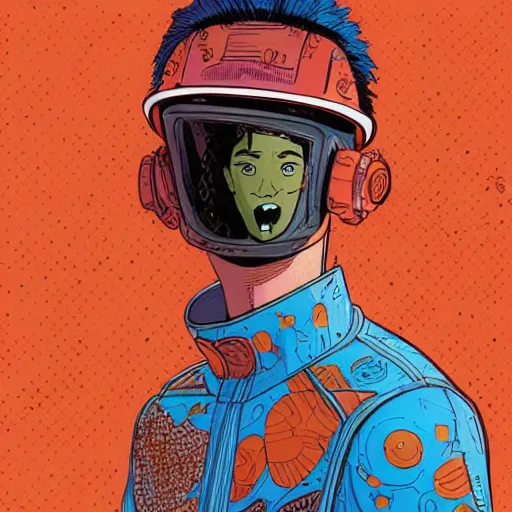 Prompt: hyper detailed comic illustration of a cyberpunk mixed race boy wearing a futuristic orange visor and a gorpcore jacket, markings on his face, mullet, by Josan Gonzalez and Geof Darrow, intricate details, vibrant, solid background