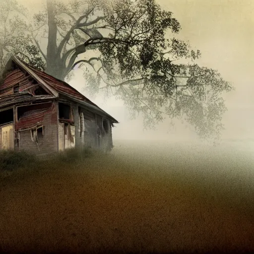 Image similar to a man's shadow near the dilapidated house in the wilderness, fog, digital art