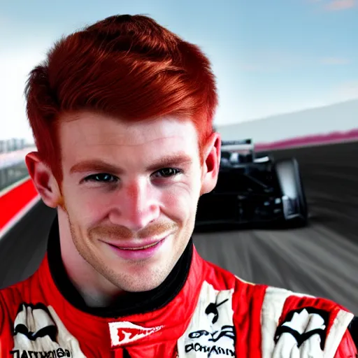 Prompt: a realistic detailed photo of a handsome guy who is an f 1 driver, with red hair