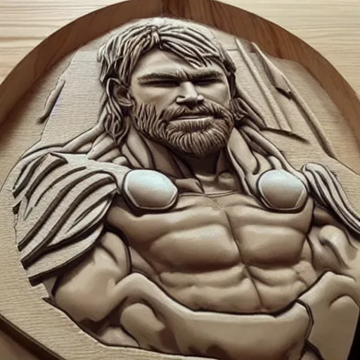 Prompt: epic detailed cnc machine carving of chris hemsworth as thor