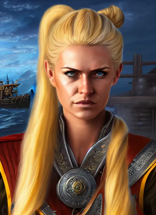 Image similar to An epic fantasy comic book style portrait painting of tall blonde haired female sky-pirate with a serious face and a pony tail in front of a metal gangplank in the style of the wheel of time, unreal 5, DAZ, hyperrealistic, octane render, cosplay, RPG portrait, dynamic lighting