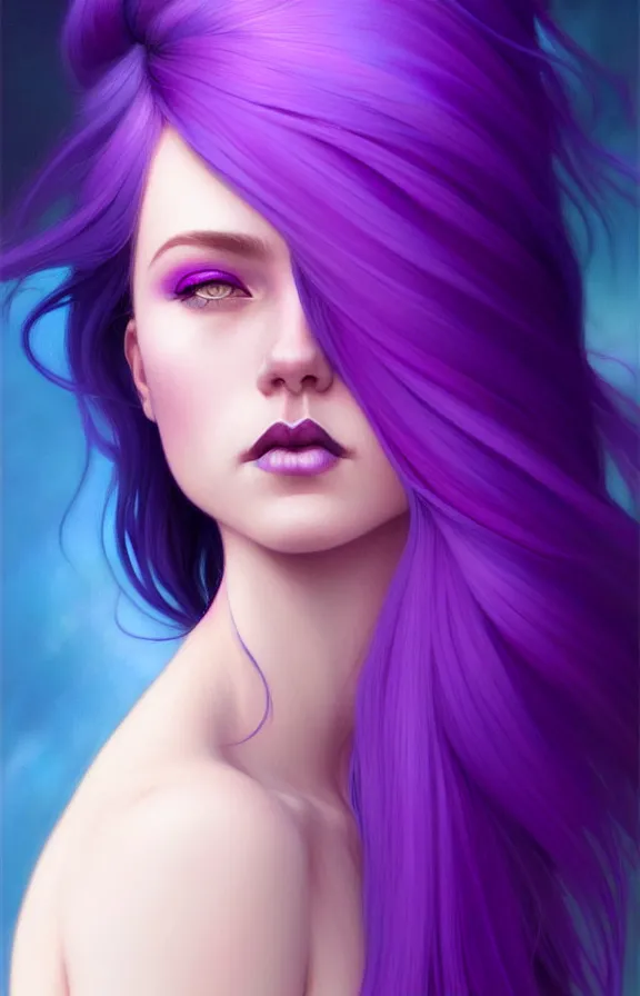 Image similar to Purple hair relistic Portrait of a woman with bright colored flying hair, all shades of purple. Hair coloring, long hair, blue eyes, fantasy, intricate, elegant, highly detailed, digital painting, artstation, concept art, smooth, sharp focus, illustration, art by artgerm and greg rutkowski and alphonse mucha