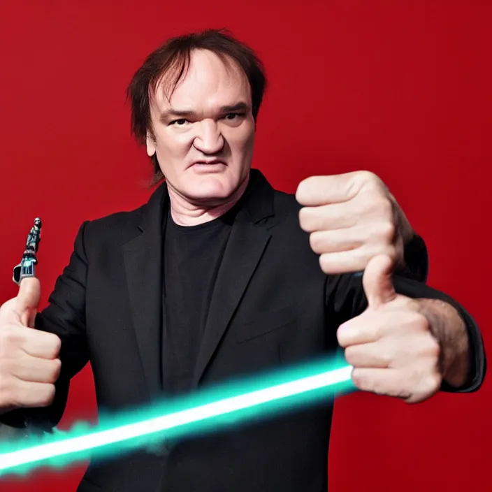 Prompt: quentin tarantino giving his thumbs up with one hand, and raising a lightsaber with his other hand. without characters. green screen background. cinematic trailer format.