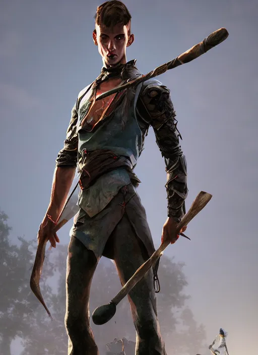 Image similar to an epic fantasy comic book style portrait painting of a skinny, lean and cruel man with a club, unreal 5, daz, hyperrealistic, octane render, cosplay, rpg portrait, dynamic lighting