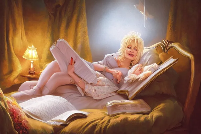 Image similar to portrait of dolly parton reading a bedtime story in bed, an oil painting by ross tran and thomas kincade