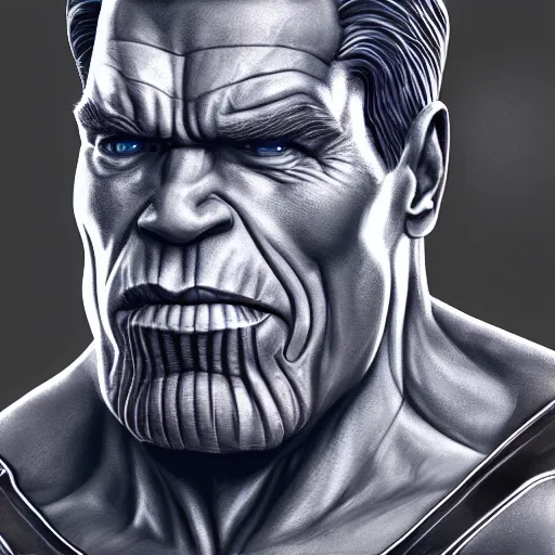 Image similar to arnold schwarzenegger as thanos, highly detailed, amazing digital art, cinematic, trending on artstation, 4K HD