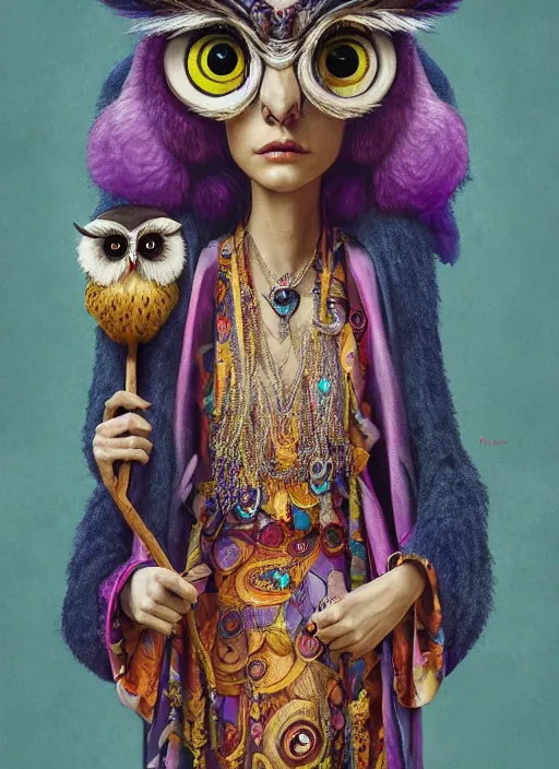 Image similar to an anthropomorphic beautiful goddess female wizard made of owl portrait holding a staff wearing colourful robe, fine art, award winning, intricate, elegant, sharp focus, octane render, hyperrealistic, cinematic lighting, highly detailed, digital painting, 8 k concept art, art by jamie hewlett and z. w. gu, masterpiece, trending on artstation, 8 k