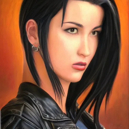 Image similar to perfect, realistic oil painting of close-up Tifa wearing leather jacket