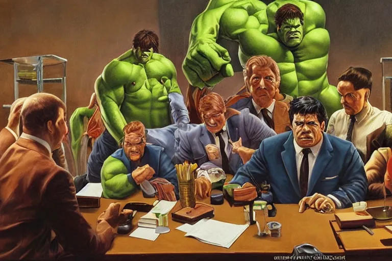 Prompt: the hulk wearing a business suit sitting at a table in a corporate board meeting, oil on canvas, intricate, full scene, 8 k highly professionally detailed, hdr, joe jusko