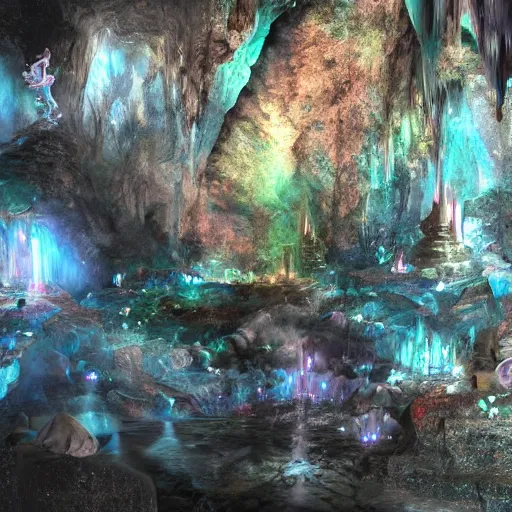 Image similar to Deep dark grand-cave with wonderful magical crystals, hyperrealism, no blur, 4k resolution, ultra detailed-i