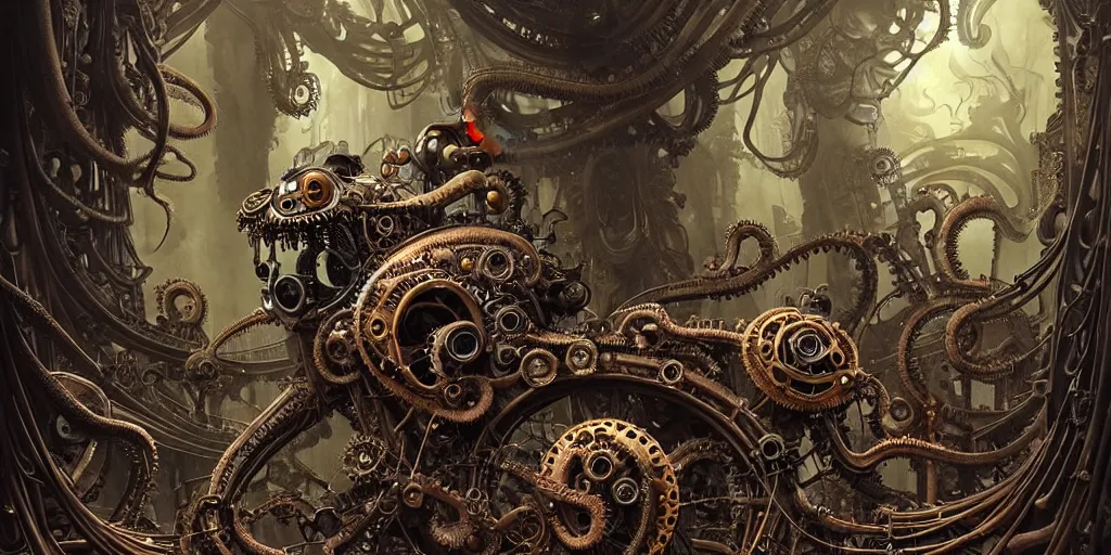 Image similar to biomechanical steampunk creature with robotic parts and big octopus head and (glowing) eyes guarding an ancient chest in a mystic forest, gothic and baroque, brutalist architecture, ultradetailed, creepy ambiance, artgerm, giger, Intricate by Ellen Jewett and Josan Gonzalez and Giuseppe Arcimboldo