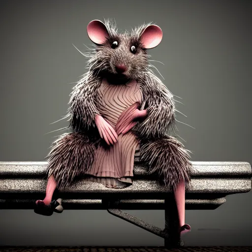 Image similar to anthropomorphic rat, octane render, 3 d, sad, lonely, moody lighting, wearing a fur coat, in the rain, at night, sitting on a park bench