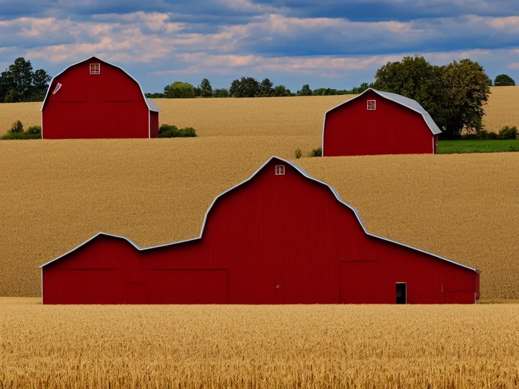 Image similar to An isolated red barn next to a wheat crop at noon. Wide angle shot, surreal.