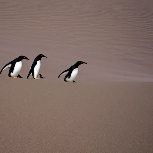 Image similar to penguins sliding in sand dunes, photography