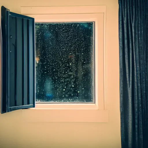 Image similar to photo of dark blue rainy bedroom window at night