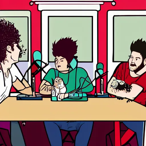 Prompt: three people talking in a podcast studio. there are punk posters on the walls and a cat on the table. digital art