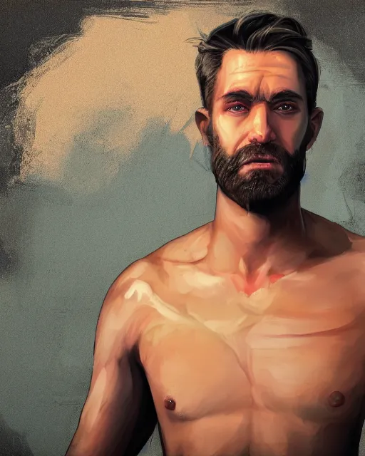 Image similar to portrait of muscular, tired and alcoholic 3 0 - year - old handsome man with short darkblonde hair, serious sad look in his eyes, dirty beard, blue eyes, wearing dirty soldier uniform, on the desert, hyper realistic face, beautiful eyes, character art, art by mark brooks, hyperdetailed, cryengine, trending on artstation, digital art