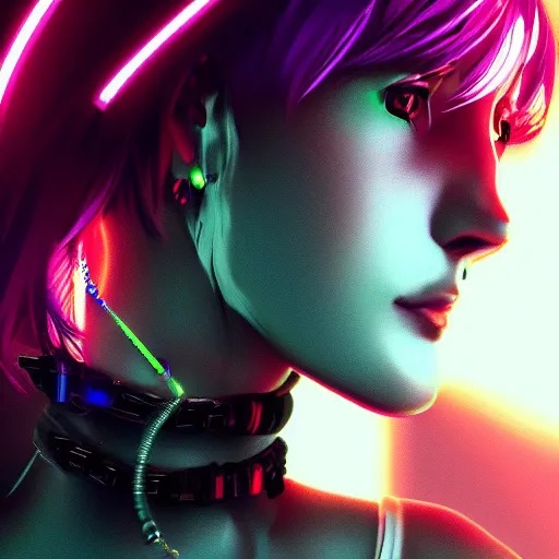 Prompt: headshot artwork of cyberpunk woman wearing thick steel choker, 4K, realistic, artstation, neon,