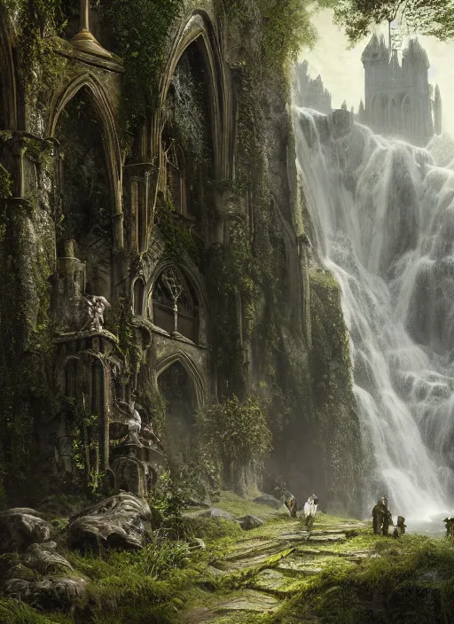 Image similar to medieval adventurers in lord of the rings scenery landscape, inside an enormous overgrown cathedral, waterfall, reflections, magic portal in the sky, highly detailed, cinematic lighting, perfect composition, 4 k, gustave dore, derek zabrocki, greg rutkowski, belsinski, octane render, cgi