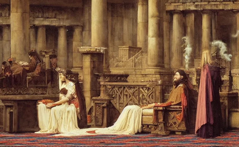 Image similar to an extremely detailed, realistic painting of penelope : : a beautiful queen on a platform in a throne room : : ancient greece : : thick smoke : : a throne room filled with servants : : old beggar in the foreground : : in the style of john william waterhouse, frederick s. church, john collier, mysterious mood, cinematic