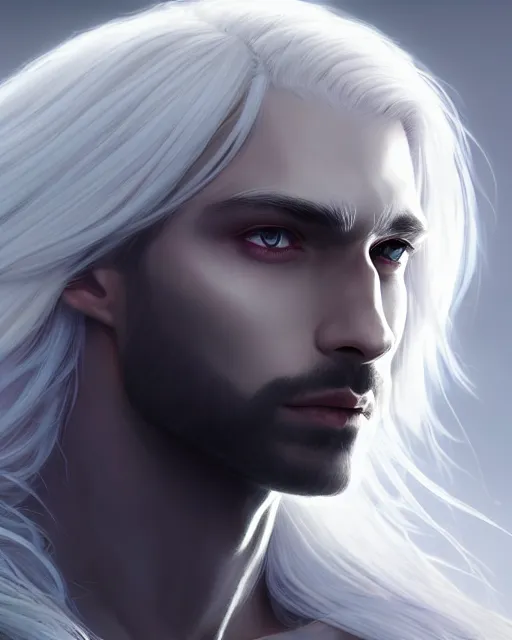 Image similar to portrait, beautiful male drow, long wavy white hair, super detailed, light black armor with silver accenting, silver wreath with sapphires, cape, 8 k, filmic, octane render, sunlight, clouds, artstation, greg rutkowski, rossdraws, william bouguereau, sharp focus