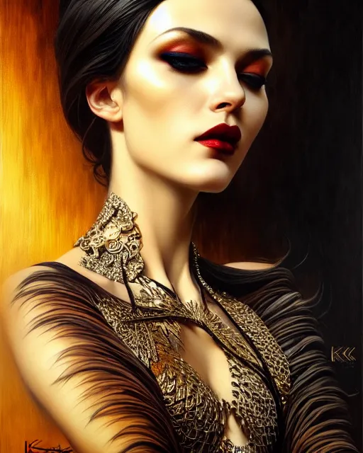 Image similar to portrait of a beautiful goddess, enigmatic beauty, dominant shades of black, gold, silver, dark red, white, head in focus, fantasy art, ornamental aesthetics, intricate, elegant, highly detailed, hyperrealistic painting, artstation, concept art, painterly, sharp focus, illustration, art by karol bak