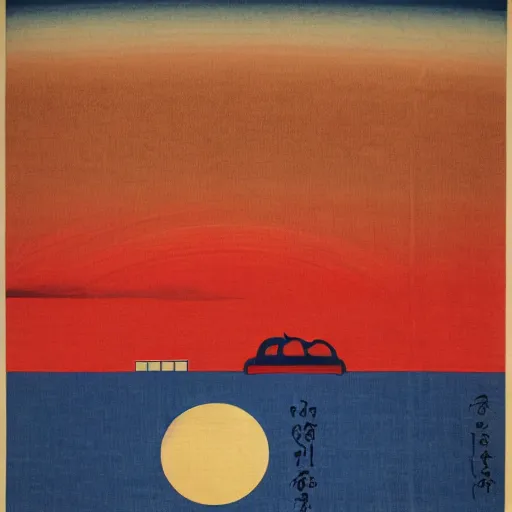 Image similar to high speed train in india against a giant rising sun, ukiyo - e style, lithograph, textile print, indian flag, indian scripts