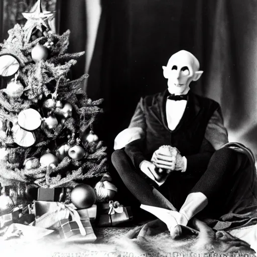 Prompt: count orlok sitting cross - legged by the christmas tree, excitedly opening presents, photograph