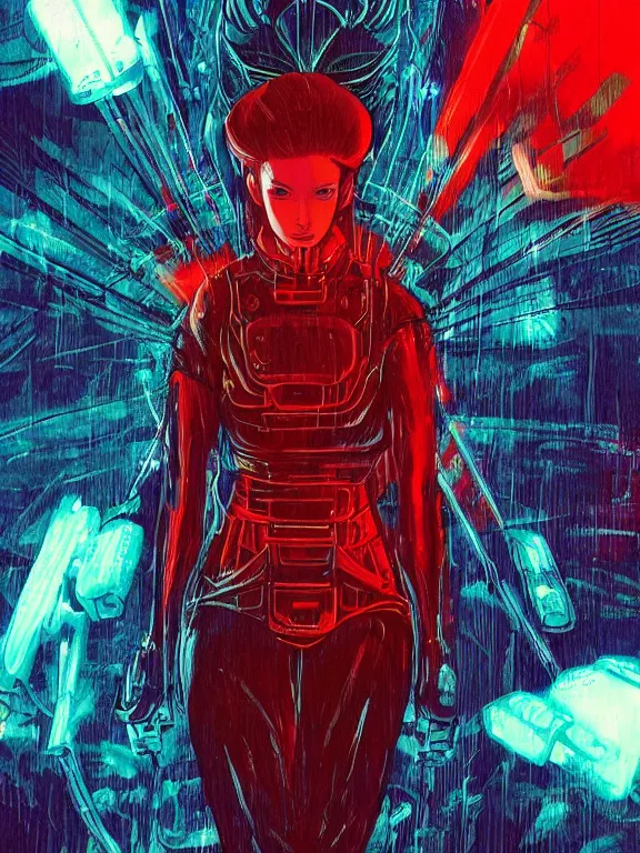 Image similar to a futuristic female geisha warrior, red hair made out of water, blade runner, akira, ghost in the shell, 2077, style of Laurie Greasley and Satoshi Kon + symmetric lights and smoke, psychedelic effects , glowing particles, neon rain, glowing runes, de-noise, symmetrical composition, high detailed + tarot card, ornate border, 8k,