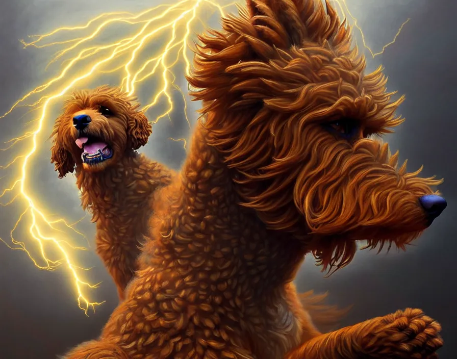 Image similar to an epic painting of a male anthropomorphic brown goldendoodle fursona as zeus, shooting lightning bolts from his paws, by alex grey and greg rutkowski, intricate details, artstation, furry, cinematic, hd, beautiful