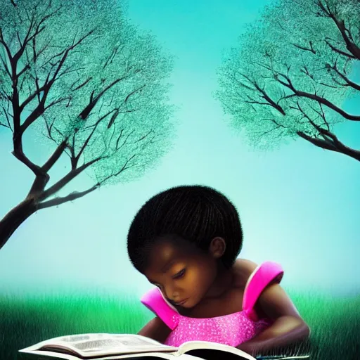 Image similar to stunning, coherent, impressive, detailed still of black little girl, reading a book, underneath a tree, follow shot, 3d, in the style of pixar, comic book style, 3d, highly detailed, sharp focus, bokeh, depth of field, 16k resolution, Unreal Engine 5, coherent, cinematic lighting, photorealistic, by Zhang Jingna