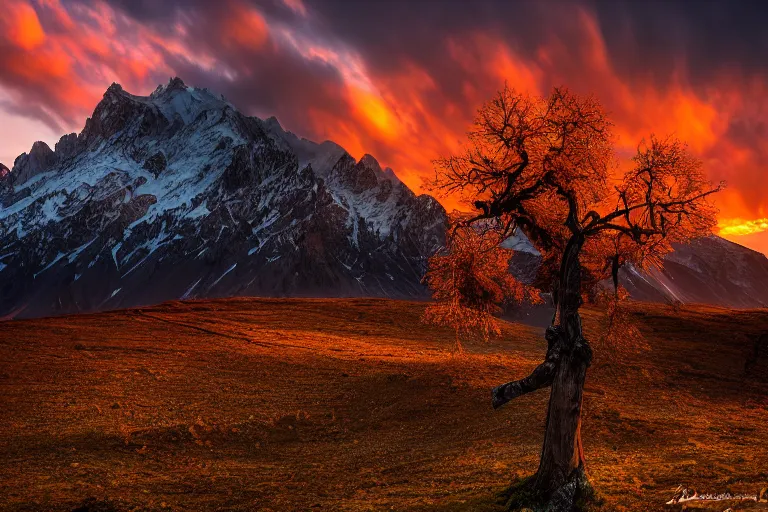 Image similar to A beautiful landscape photography of Caucasus mountains, a dead intricate tree in the foreground, sunset, dramatic lighting by Marc Adamus,