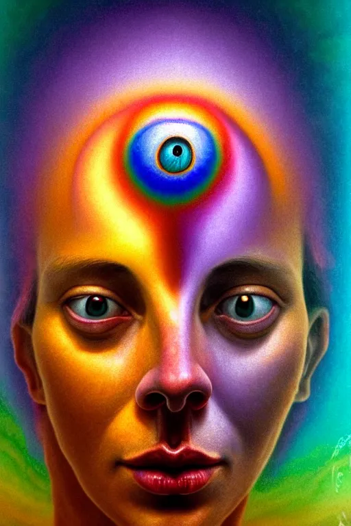 Prompt: hyperrealistic close-up Renaissance psychedelic!! celestial happy! pure kind! creature!!! peaceful! kind spirit of nature! beautiful eyes! highly detailed concept art eric zener elson peter cinematic hard rainbow lighting high angle hd 8k sharp shallow depth of field, inspired by Zdzisław Beksiński Salvador Dali