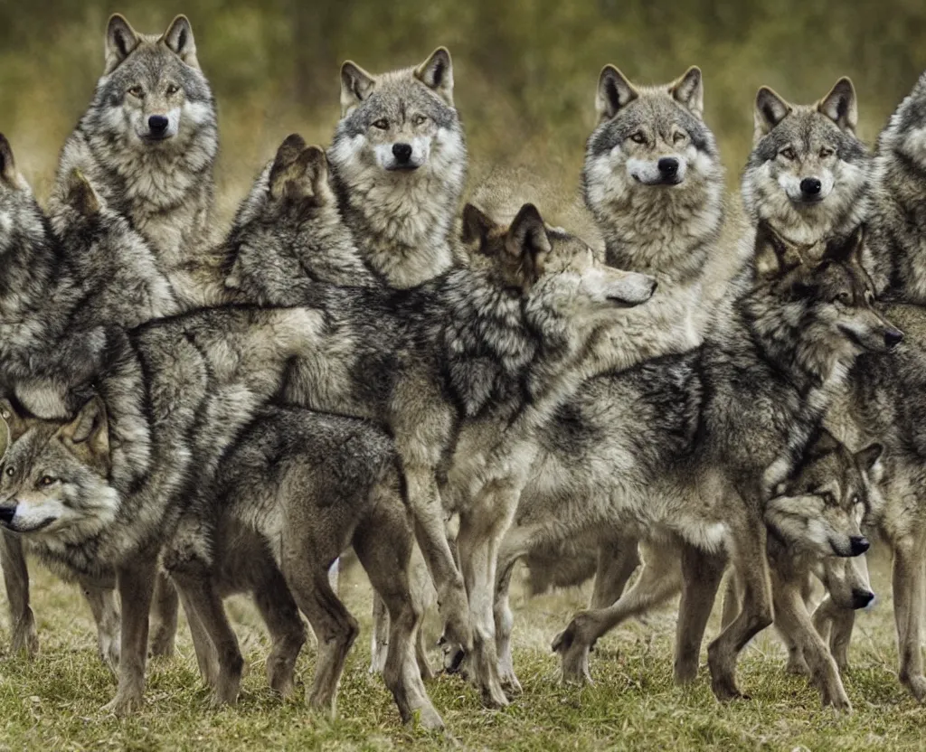 Prompt: a photograph of a pack of wolves by thomas rousset