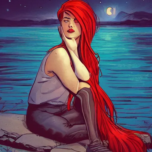 Prompt: a beautiful comic book illustration of a woman with long red hair sitting near a lake at night by daniele afferni, featured on artstation