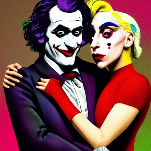 Image similar to ilya yefimovich repin and mimmo rottela and banksy as joaquin phoenix skinny joker, holding hand, lady gaga harley queen, ultra photorealistic, intricate details, pop art style, concept art, confident posse, random object details, 3 colours, warm color, 4 k, ultra smooth, sharp focus