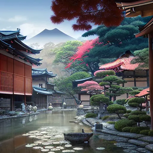 Image similar to old japanese town with garden viewed from harbor, d & d digital painting, ultra realistic, beautiful, volumetric lighting, warm colors advance, cell shading, by james jean, greg rutkowski,