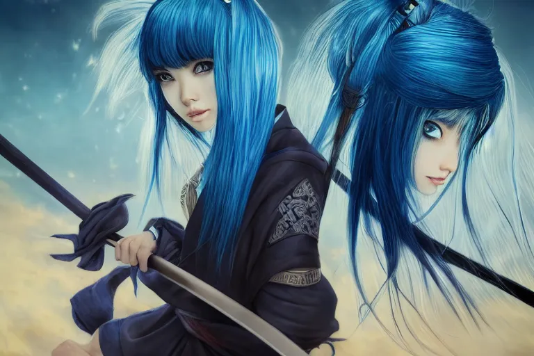 Image similar to highly detailed beautiful photo of madison beer as a young female samurai, swinging her sword, symmetrical face, beautiful eyes, cobalt blue hair, realistic anime art style, 8 k, award winning photo, pastels colours, action photography, 1 / 1 2 5 shutter speed, sunrise lighting